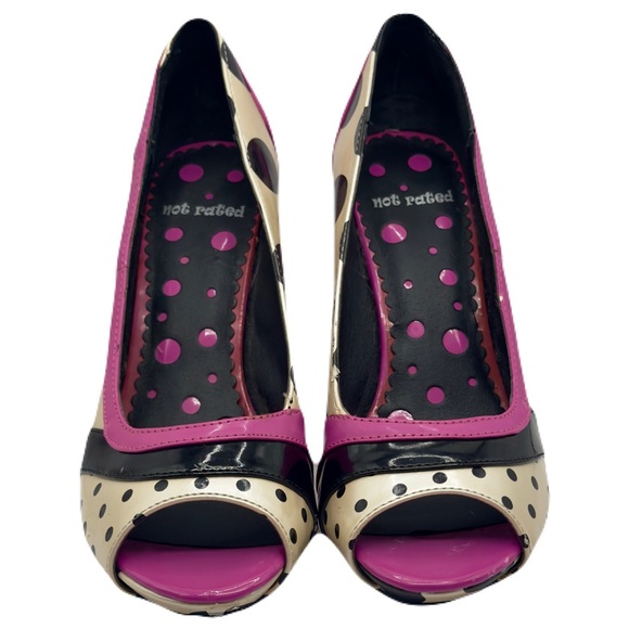 NOT RATED Pink, Black & Off White Polka Dot Peep Toe Heels Size 7, NRW0583-100 - Picture 2 of 14